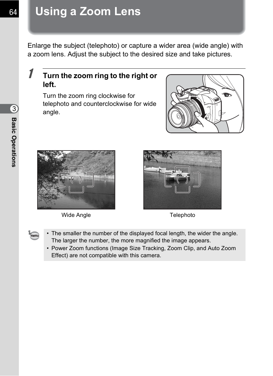 Using a zoom lens, Using a zoom lens (p.64), Turn the zoom ring to the right or left | Pentax K-m/K2000 User Manual | Page 66 / 280