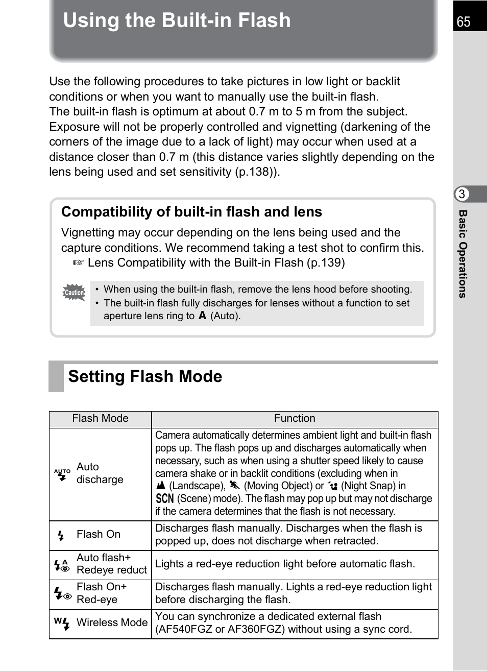 Using the built-in flash, Setting flash mode, P.65) | Ode (p.65), Using the built-in flash (p.65), Compatibility of built-in flash and lens | Pentax K-m/K2000 User Manual | Page 67 / 280