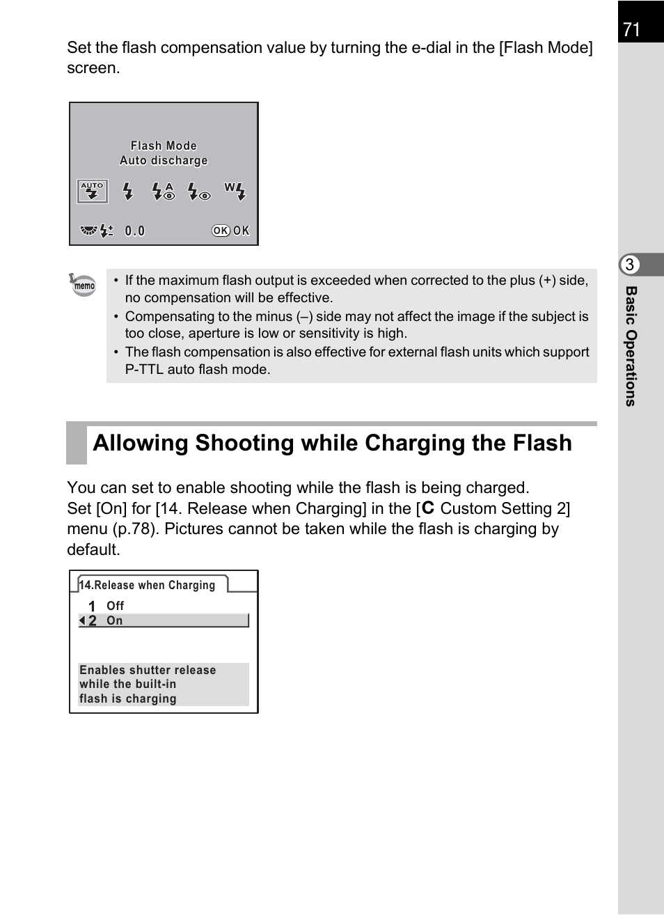 Allowing shooting while charging the flash | Pentax K-m/K2000 User Manual | Page 73 / 280