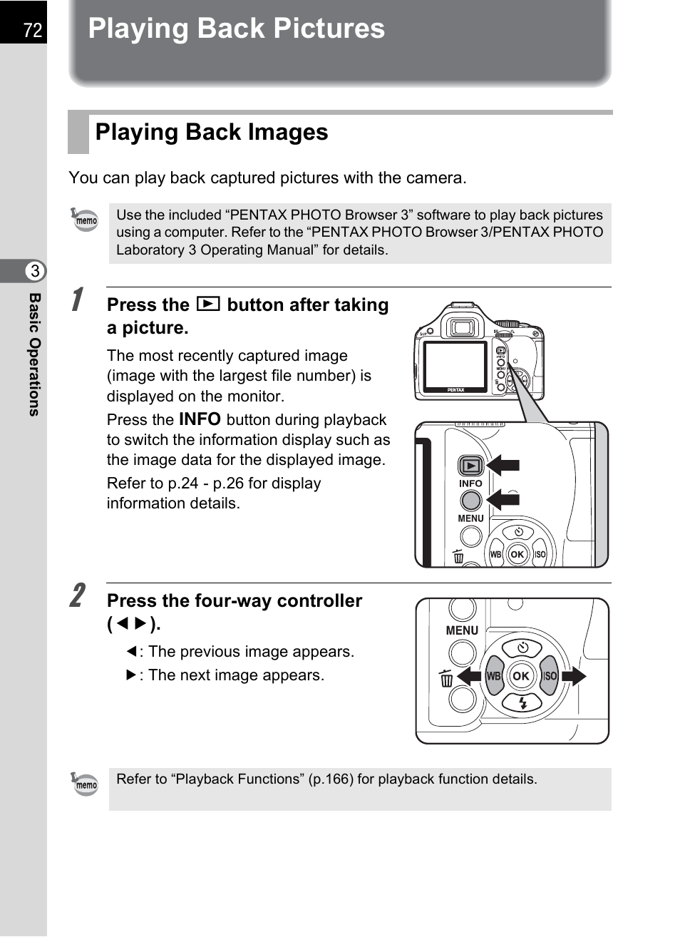 Playing back pictures, Playing back images, P.72 | Playing back images (p.72) | Pentax K-m/K2000 User Manual | Page 74 / 280