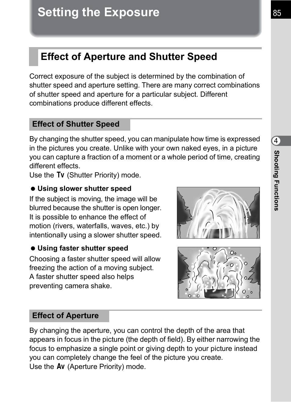 Setting the exposure, Effect of aperture and shutter speed, Peed (p.85) | Re (p.85), Lue (p.85) | Pentax K-m/K2000 User Manual | Page 87 / 280
