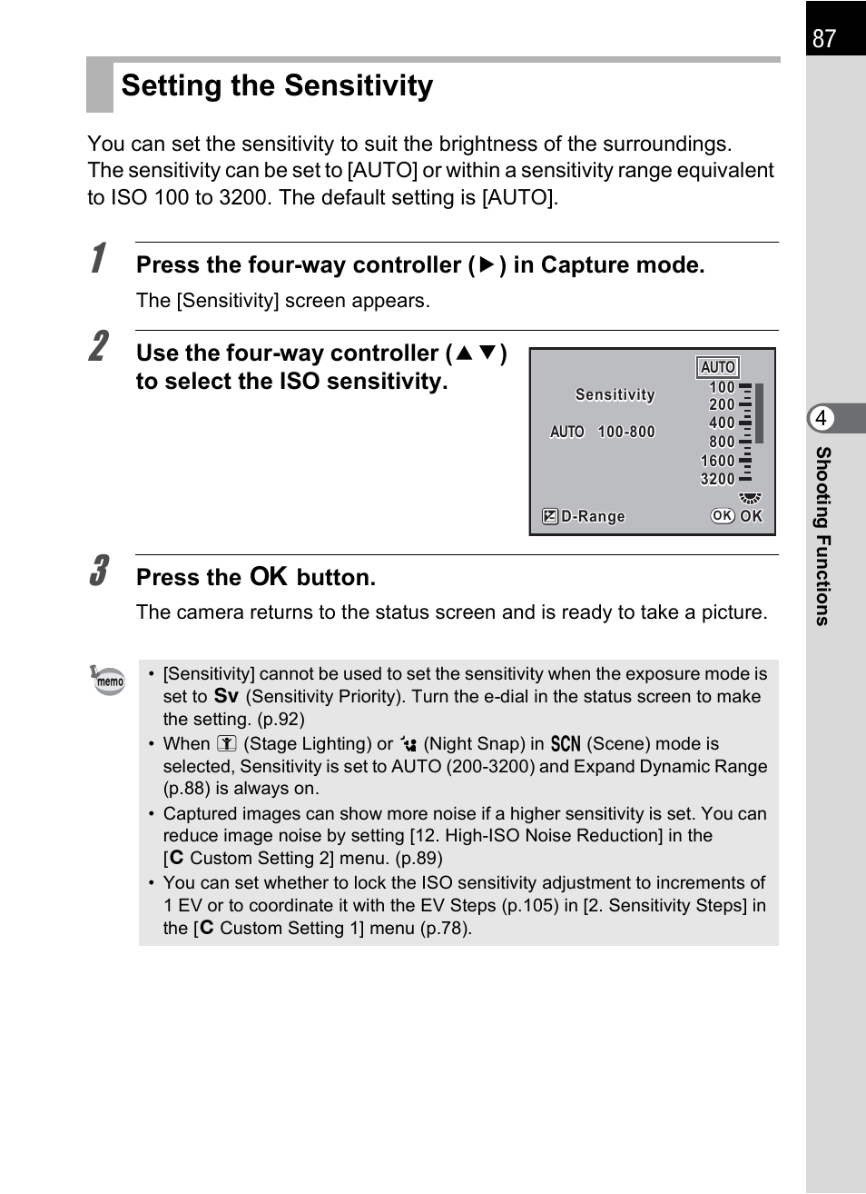 Setting the sensitivity, P.87), P.87 | Press the 4 button | Pentax K-m/K2000 User Manual | Page 89 / 280