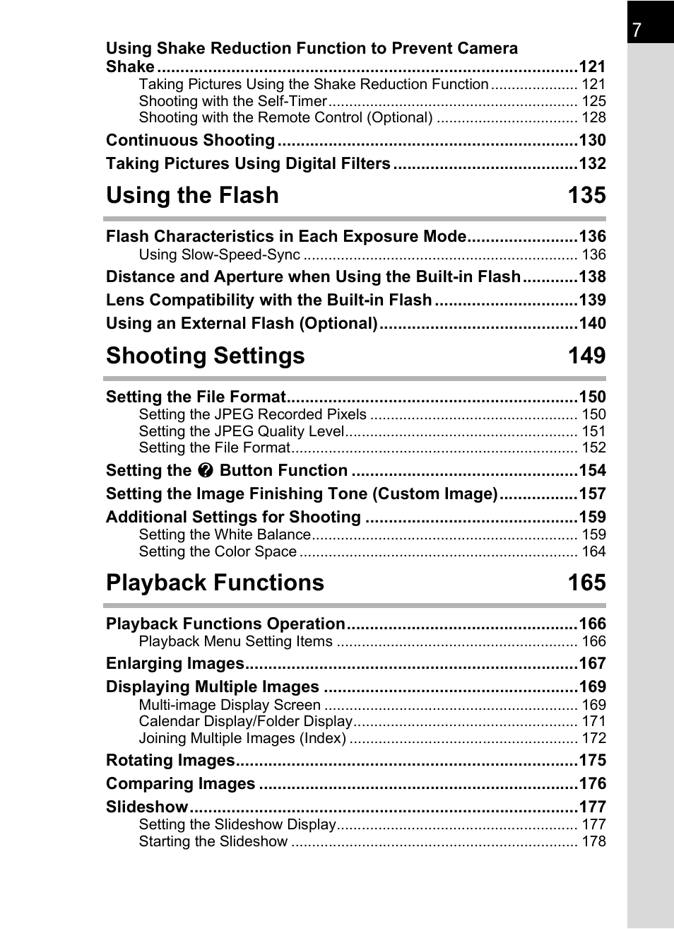 Using the flash 135, Shooting settings 149, Playback functions 165 | Pentax K-m/K2000 User Manual | Page 9 / 280
