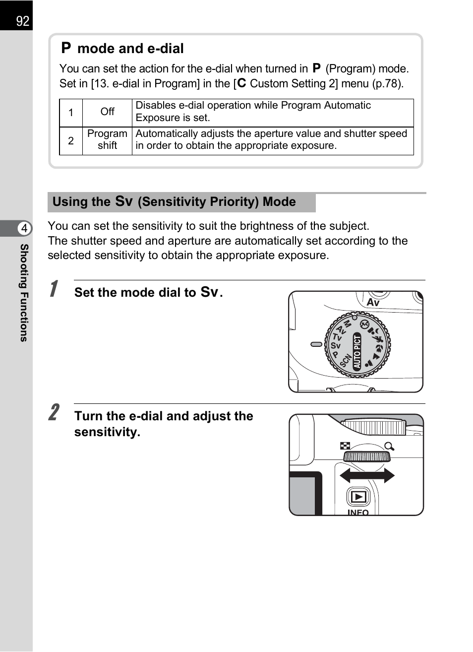 P.92, P.92), Emode and e-dial | Pentax K-m/K2000 User Manual | Page 94 / 280