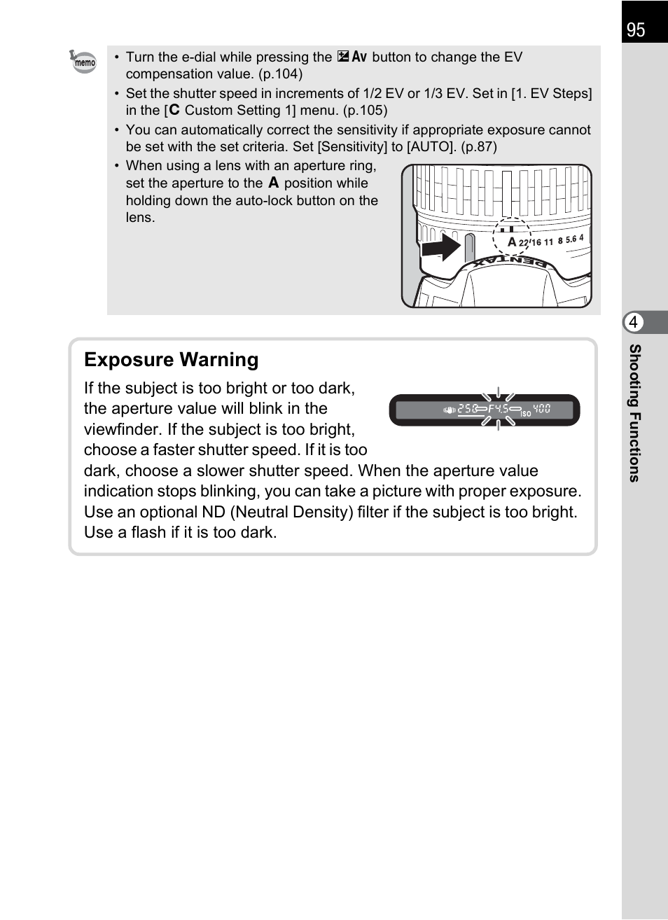 Exposure warning | Pentax K-m/K2000 User Manual | Page 97 / 280