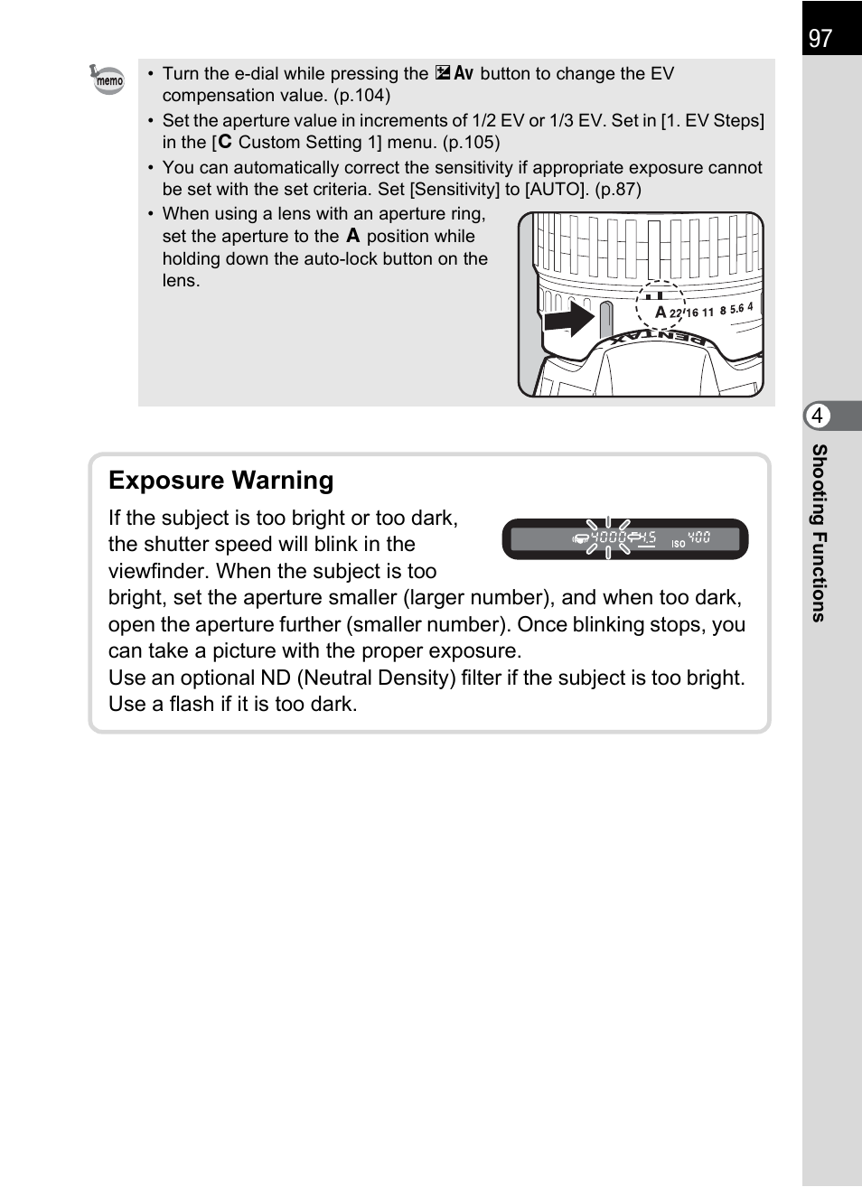 Exposure warning | Pentax K-m/K2000 User Manual | Page 99 / 280