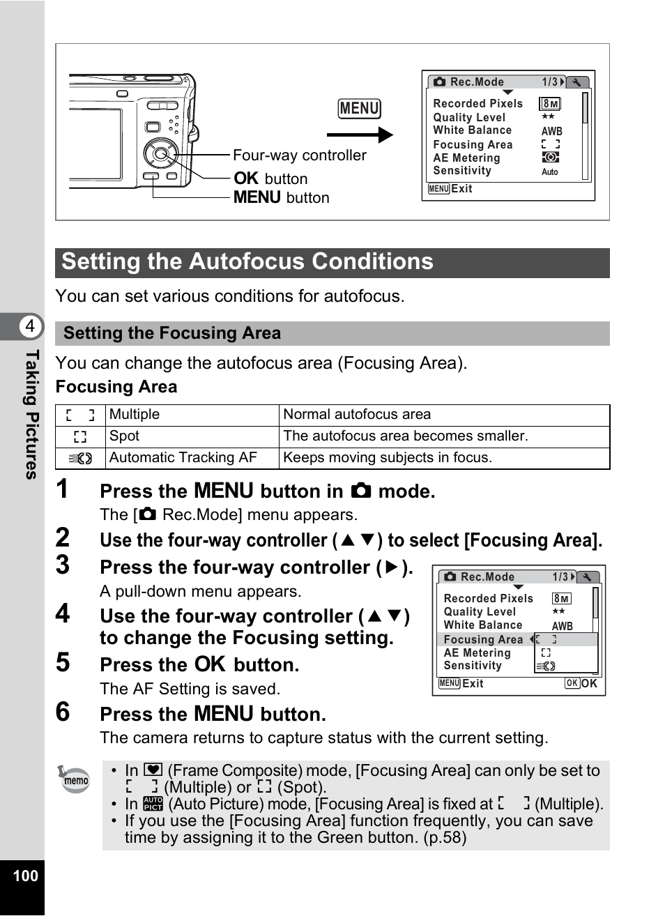 Setting the autofocus conditions, P.100, Press the 3 button in a mode | Press the four-way controller ( 5 ), Press the 4 button, Press the 3 button, Setting the focusing area | Pentax Optio M50 User Manual | Page 102 / 212