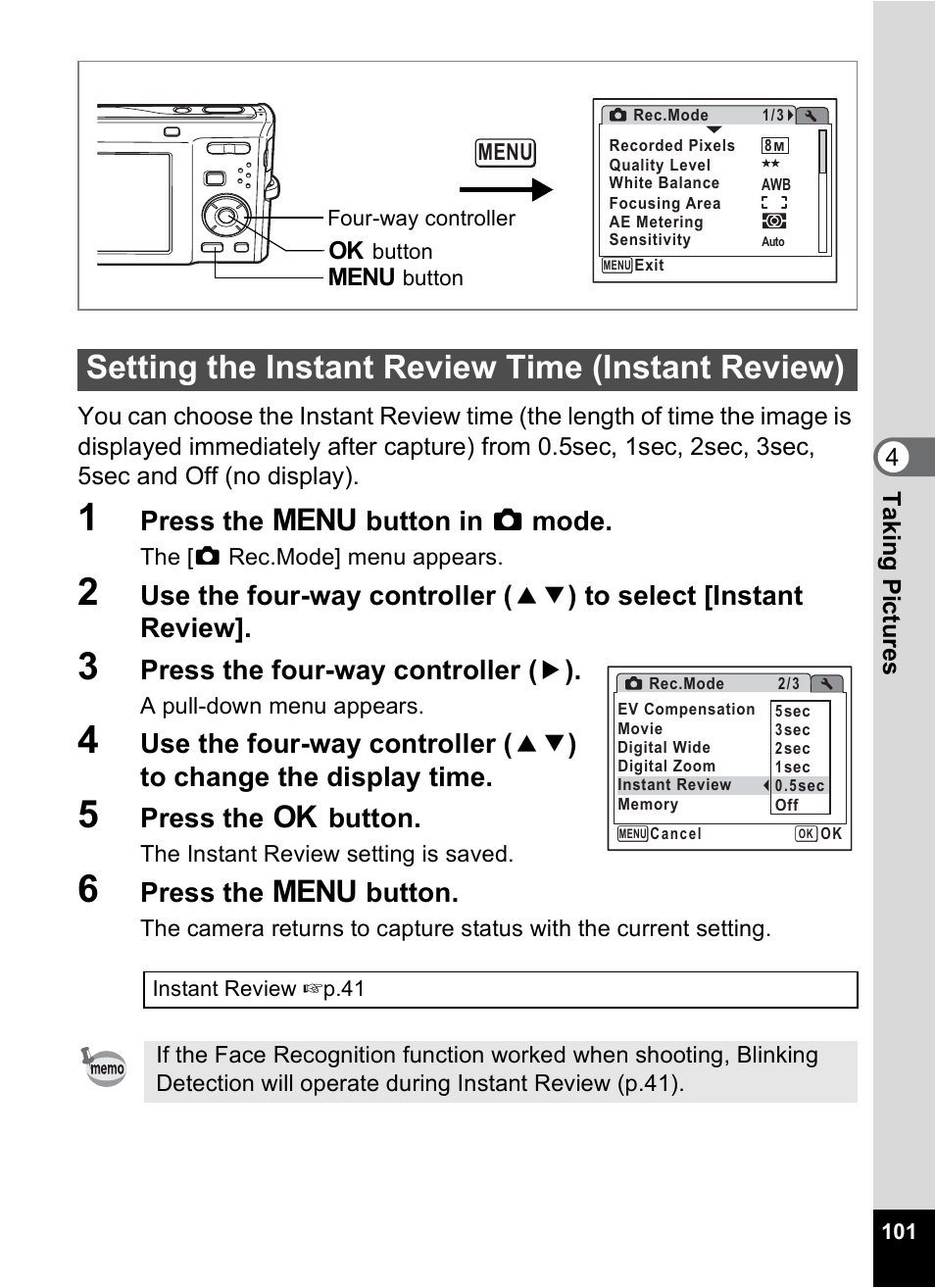 Setting the instant review time (instant review), P.101, Press the 3 button in a mode | Press the four-way controller ( 5 ), Press the 4 button, Press the 3 button | Pentax Optio M50 User Manual | Page 103 / 212