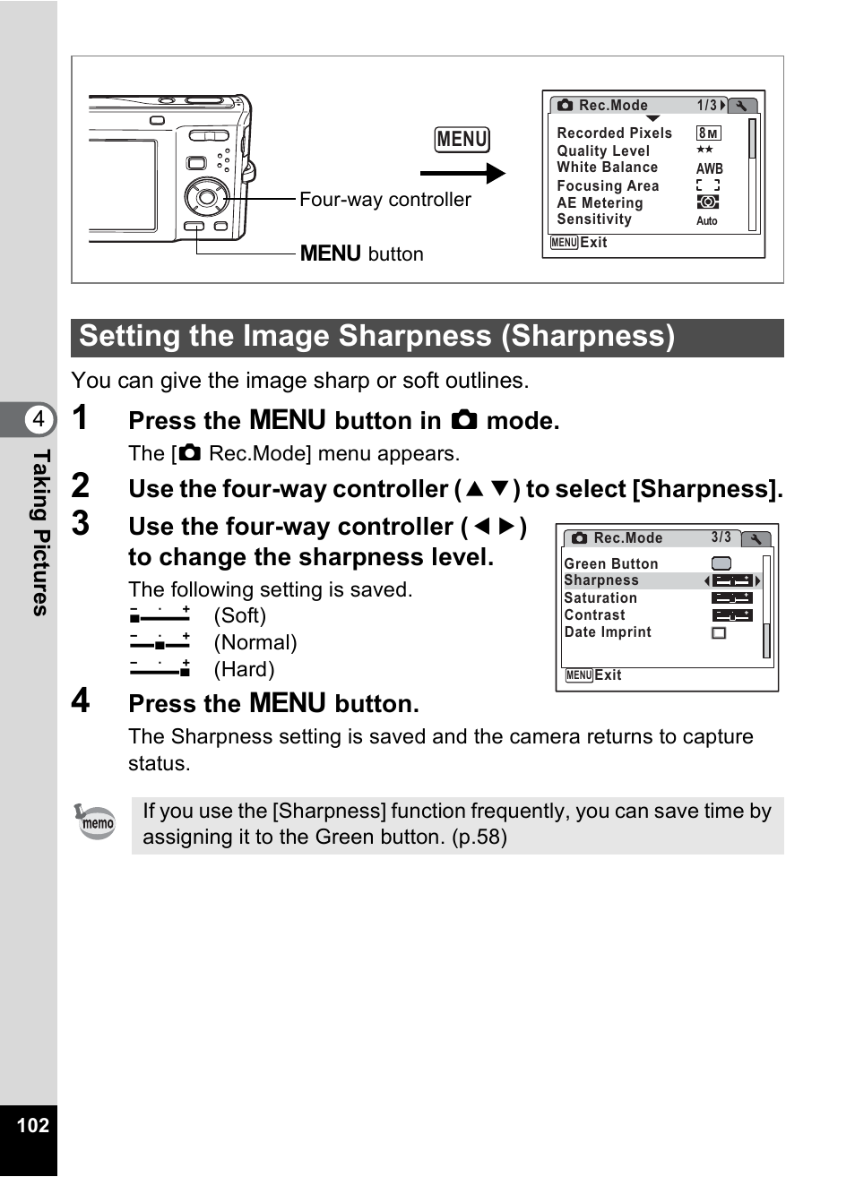 Setting the image sharpness (sharpness), P.102, Press the 3 button in a mode | Press the 3 button | Pentax Optio M50 User Manual | Page 104 / 212