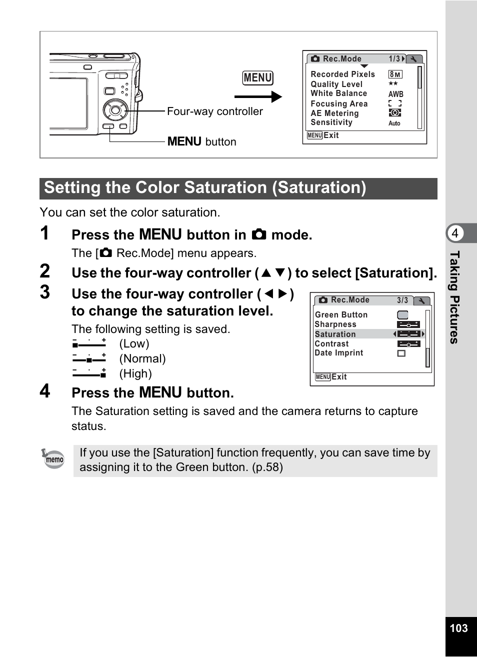 Setting the color saturation (saturation), P.103, Press the 3 button in a mode | Press the 3 button | Pentax Optio M50 User Manual | Page 105 / 212