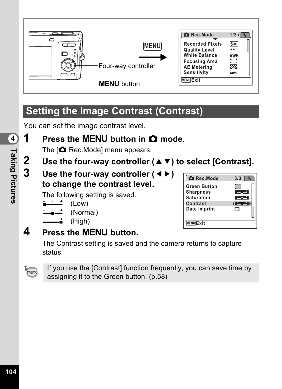 Setting the image contrast (contrast), P.104, Press the 3 button in a mode | Press the 3 button | Pentax Optio M50 User Manual | Page 106 / 212