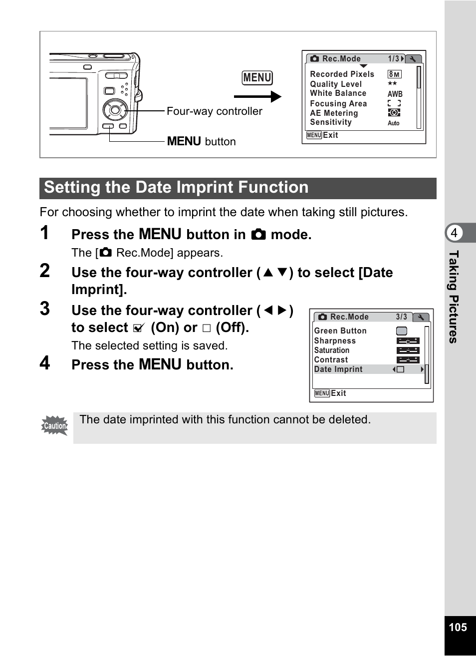 Setting the date imprint function, On (p.105), P.105 | Press the 3 button in a mode, Press the 3 button | Pentax Optio M50 User Manual | Page 107 / 212