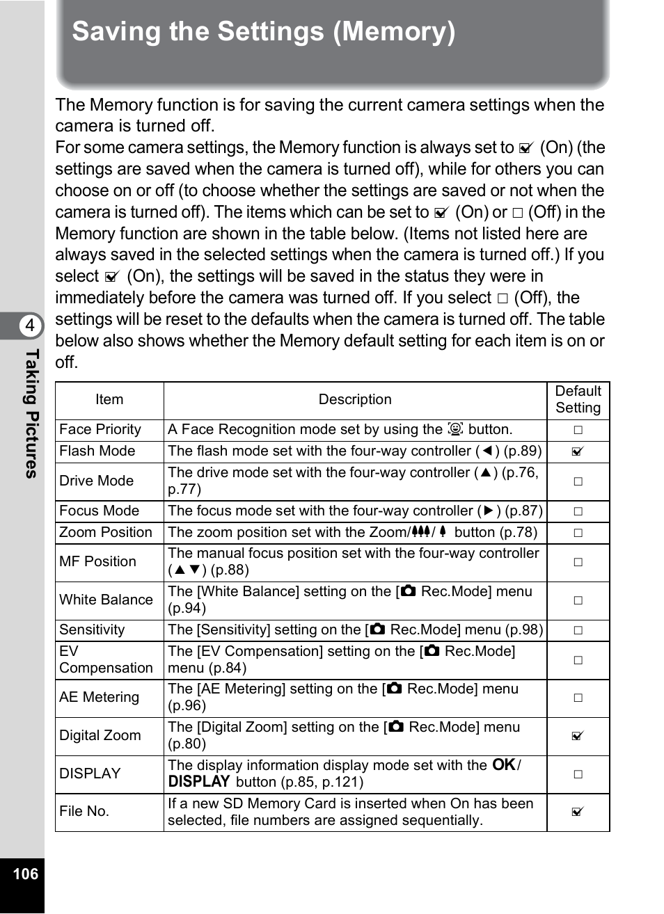 Saving the settings (memory), P.106, Saving the white balance | 4tak ing pi cture s | Pentax Optio M50 User Manual | Page 108 / 212