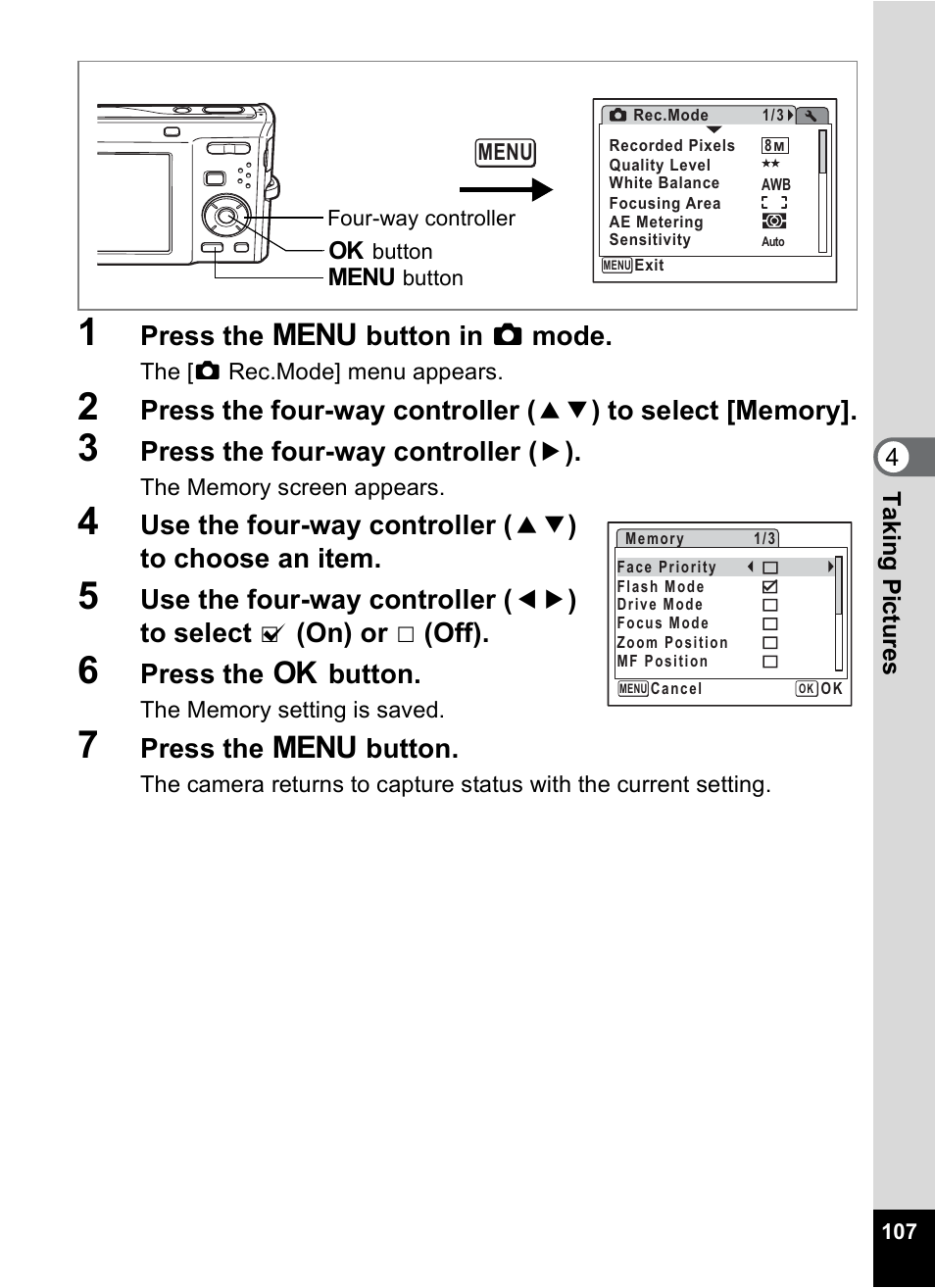 Press the 3 button in a mode, Press the four-way controller ( 5 ), Press the 4 button | Press the 3 button | Pentax Optio M50 User Manual | Page 109 / 212