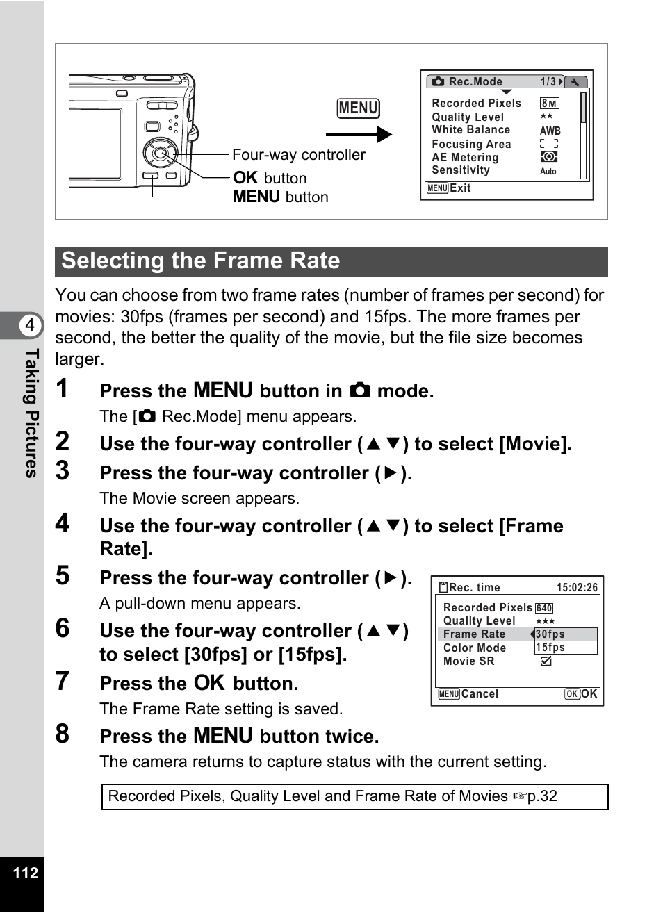 Selecting the frame rate, P.112, Press the 3 button in a mode | Press the four-way controller ( 5 ), Press the 4 button, Press the 3 button twice | Pentax Optio M50 User Manual | Page 114 / 212