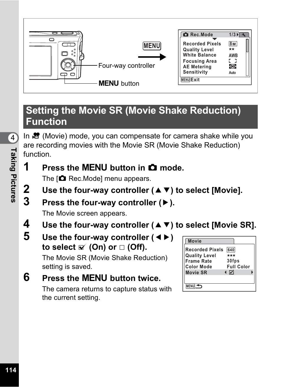 P.114, Press the 3 button in a mode, Press the four-way controller ( 5 ) | Press the 3 button twice | Pentax Optio M50 User Manual | Page 116 / 212