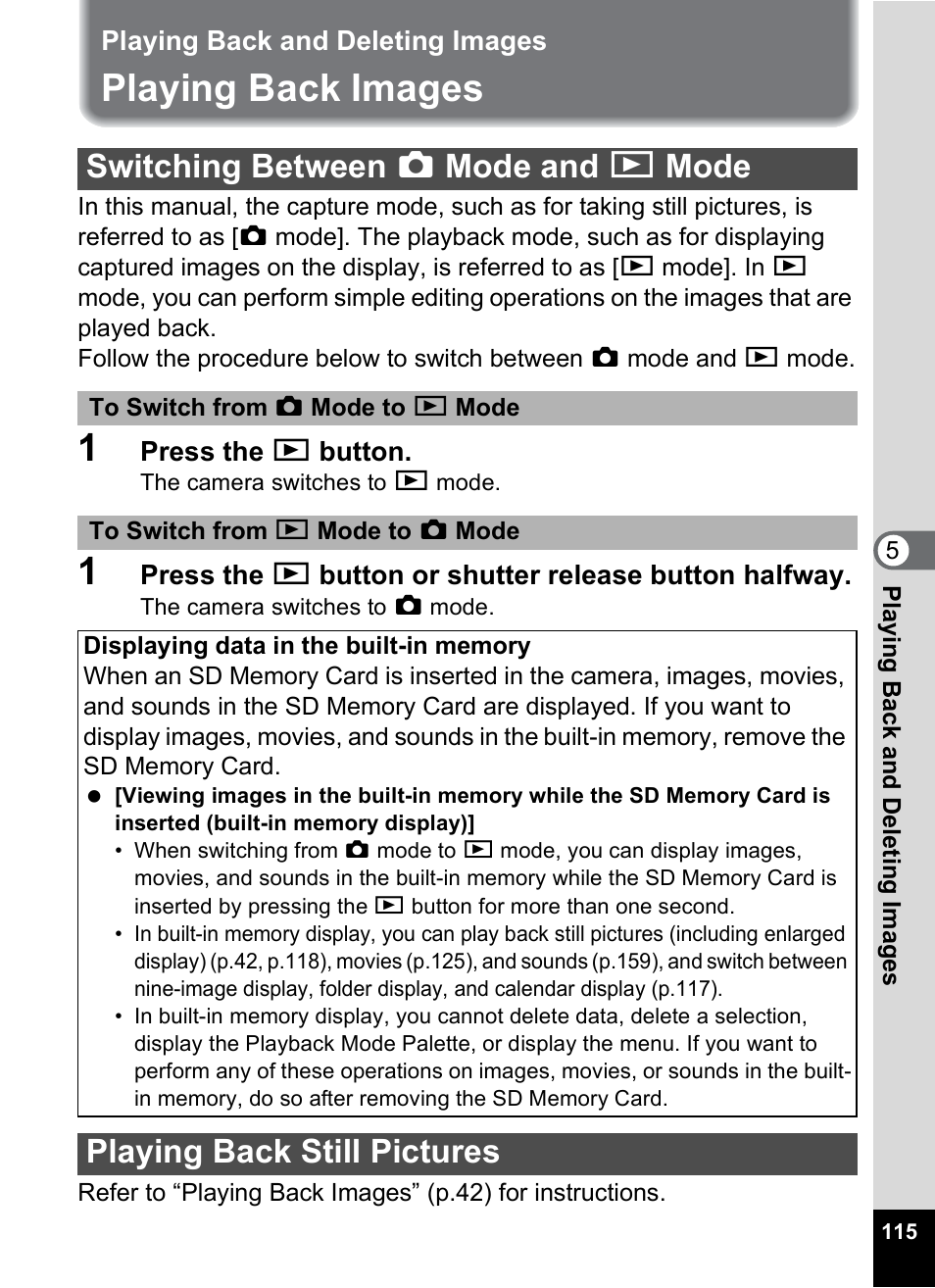 Playing back and deleting images, Playing back images, Switching between capture mode and playback mode | Playing back still pictures, P.115, P.115), Switching between a mode and q mode | Pentax Optio M50 User Manual | Page 117 / 212