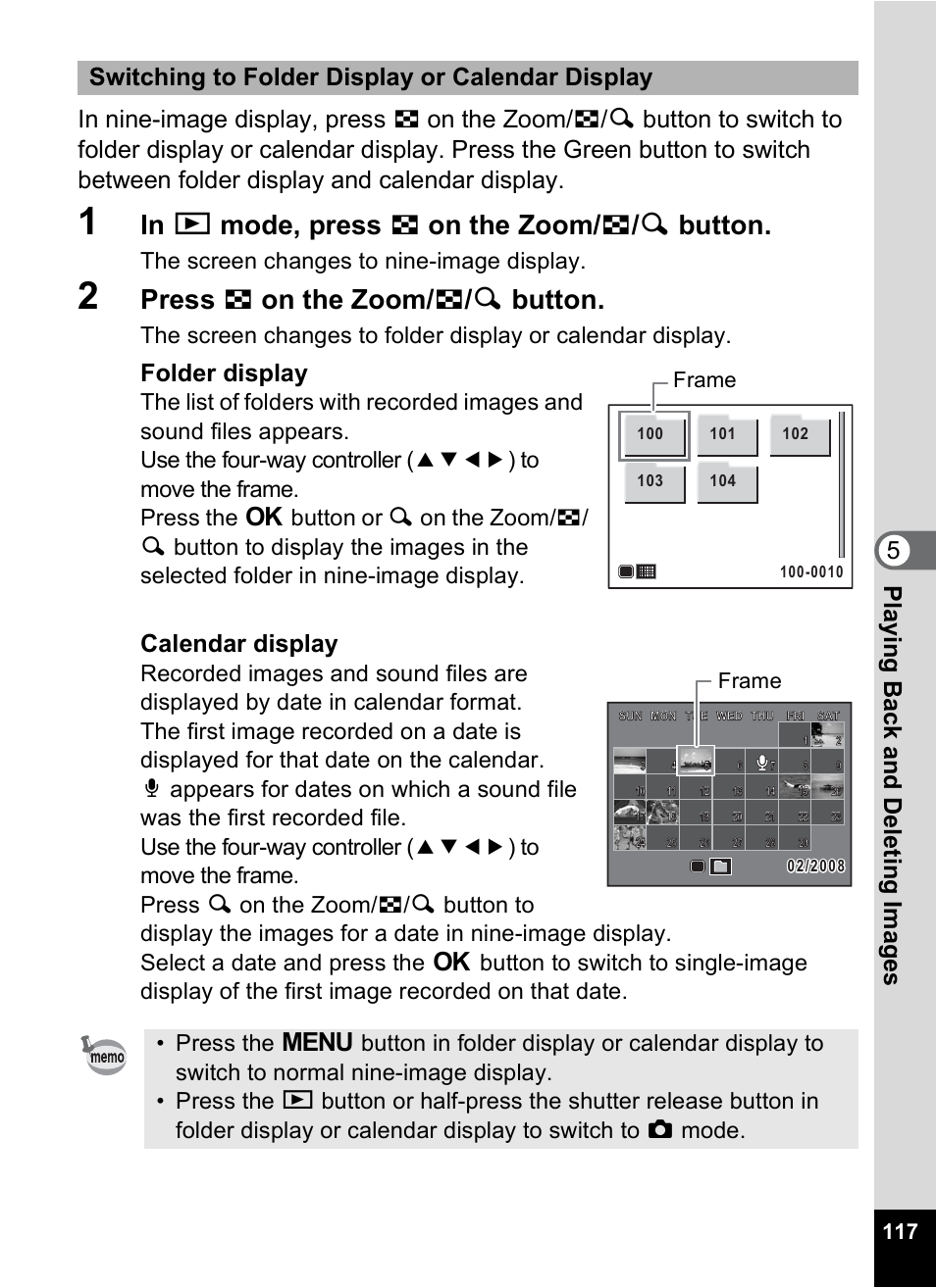 At. (p.117) t, P.117), P.117 | Press f on the zoom/ f / y button, Folder display, Calendar display, Switching to folder display or calendar display, The screen changes to nine-image display, Frame | Pentax Optio M50 User Manual | Page 119 / 212