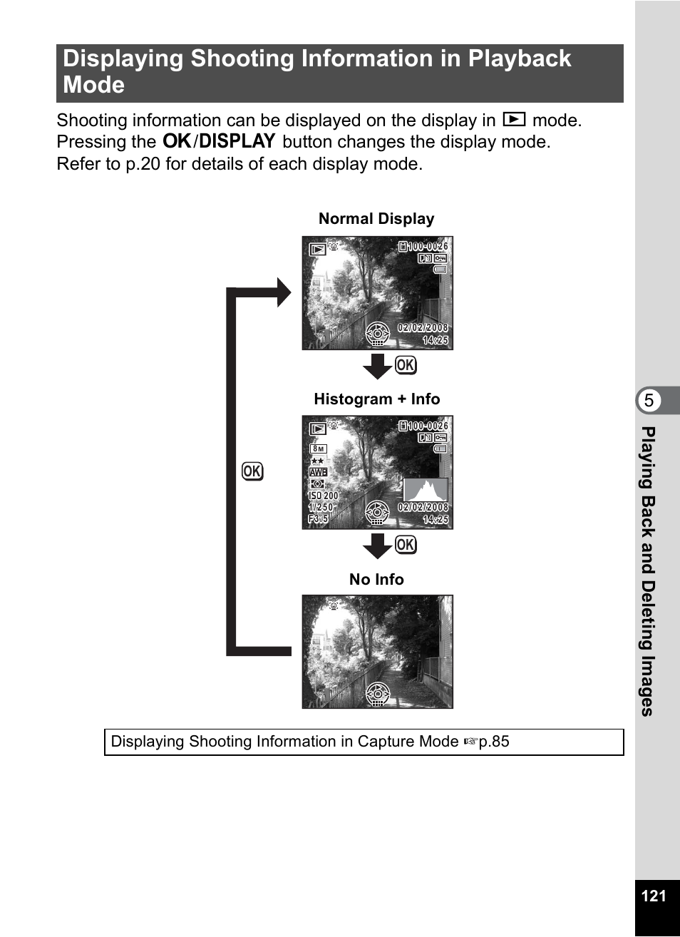 Displaying shooting information in playback mode, P.121), Normal display histogram + info no info | Pentax Optio M50 User Manual | Page 123 / 212