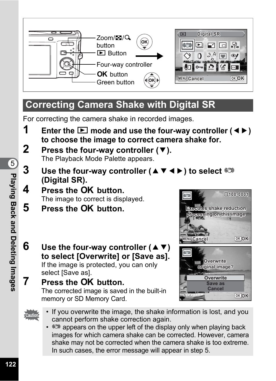 Correcting camera shake with digital sr, P.122), P.122 | Press the four-way controller ( 3 ), Press the 4 button | Pentax Optio M50 User Manual | Page 124 / 212