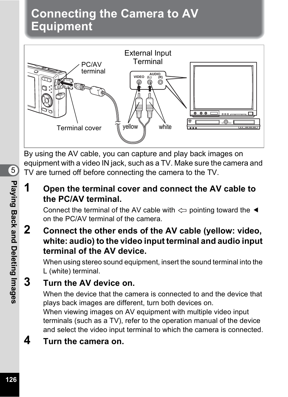 Connecting the camera to av equipment | Pentax Optio M50 User Manual | Page 128 / 212