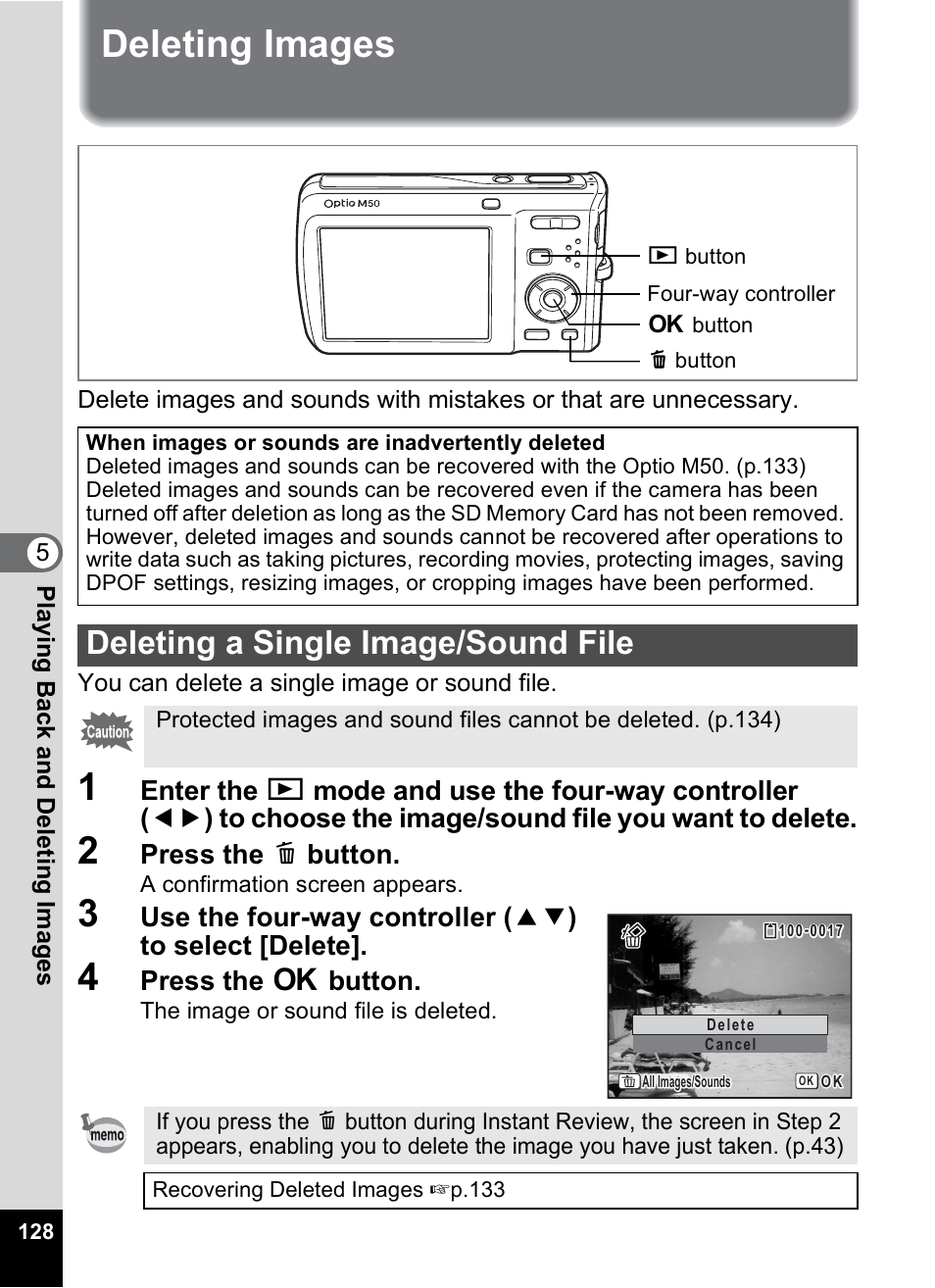 Deleting images, Deleting a single image/sound file, P.128) | Press the i button, Press the 4 button | Pentax Optio M50 User Manual | Page 130 / 212