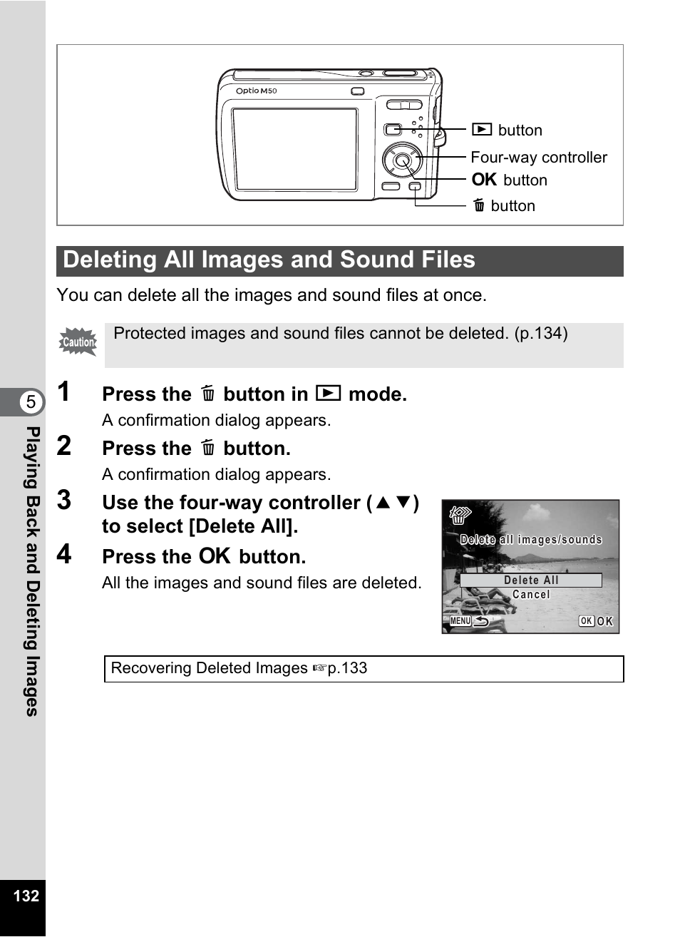 Deleting all images and sound files, Press the i button in q mode, Press the i button | Press the 4 button | Pentax Optio M50 User Manual | Page 134 / 212