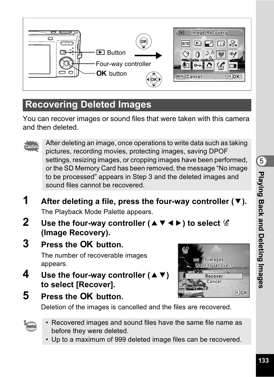 Recovering deleted images, N. (p.133), P.133 | P.133), Press the 4 button | Pentax Optio M50 User Manual | Page 135 / 212