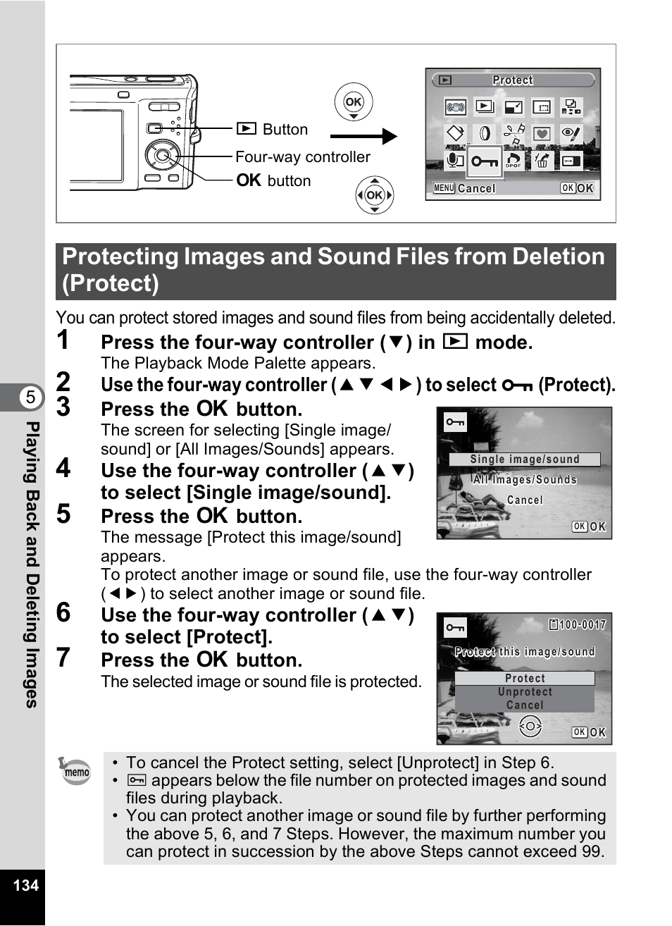 P.134, P.134), Press the four-way controller ( 3 ) in q mode | Press the 4 button | Pentax Optio M50 User Manual | Page 136 / 212