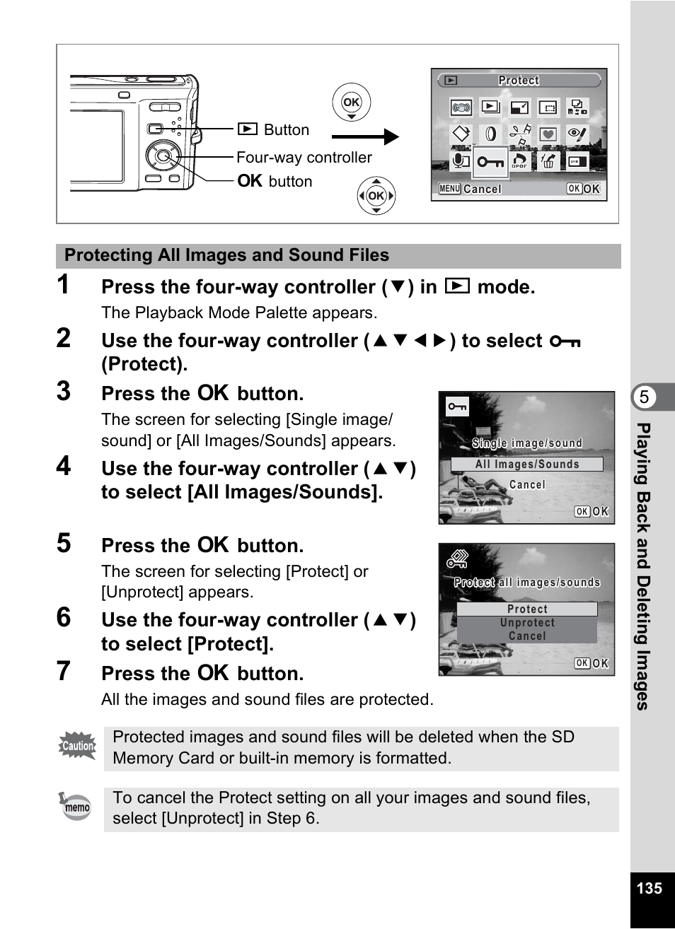 Press the four-way controller ( 3 ) in q mode, Press the 4 button | Pentax Optio M50 User Manual | Page 137 / 212