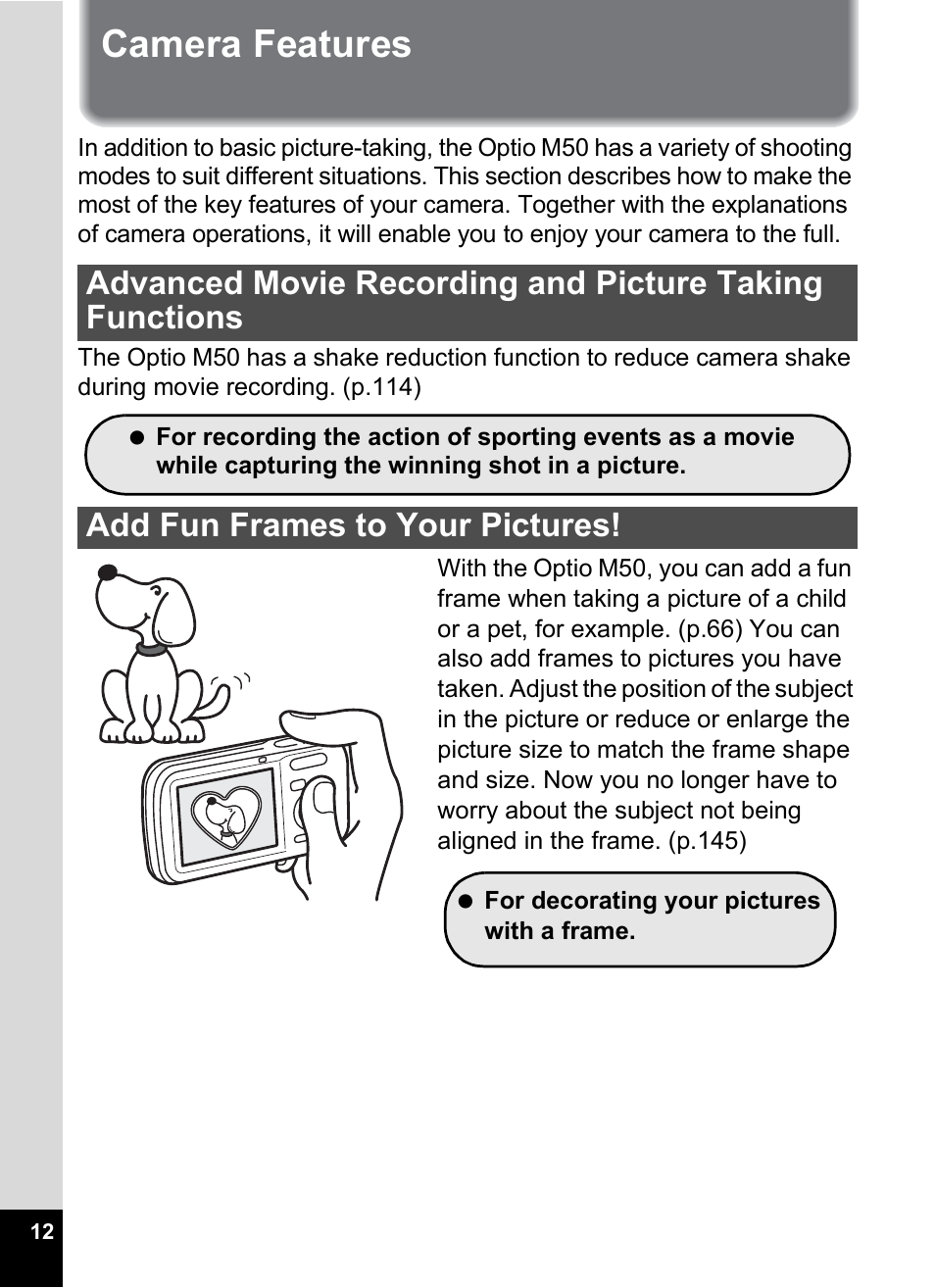 Camera features | Pentax Optio M50 User Manual | Page 14 / 212