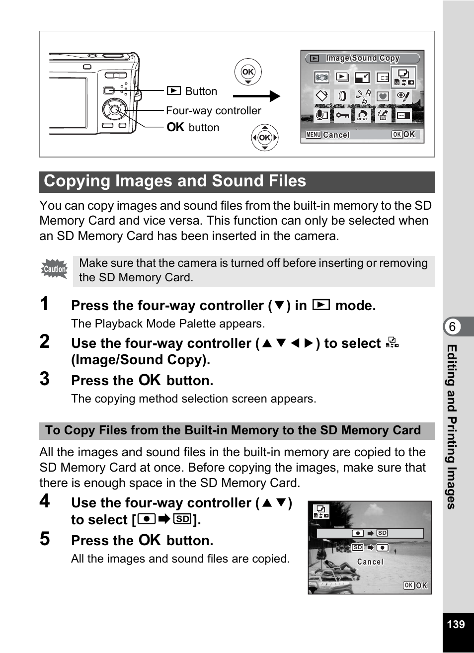 Copying images and sound files, P.139, Press the four-way controller ( 3 ) in q mode | Press the 4 button, Use the four-way controller ( 23 ) to select [ 2 | Pentax Optio M50 User Manual | Page 141 / 212