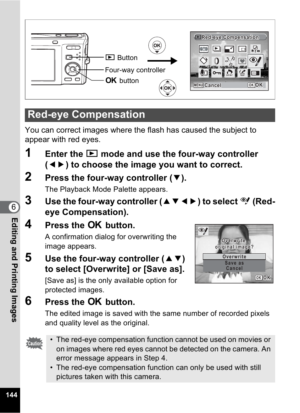 Red-eye compensation, P.144) ca, P.144 | Press the four-way controller ( 3 ), Press the 4 button | Pentax Optio M50 User Manual | Page 146 / 212