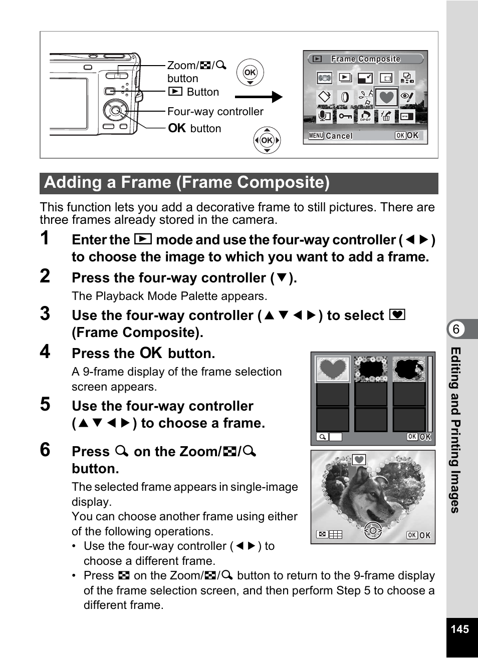 Adding a frame (frame composite), P.145), P.145 | Press the four-way controller ( 3 ), Press the 4 button, Press y on the zoom/ f / y button | Pentax Optio M50 User Manual | Page 147 / 212