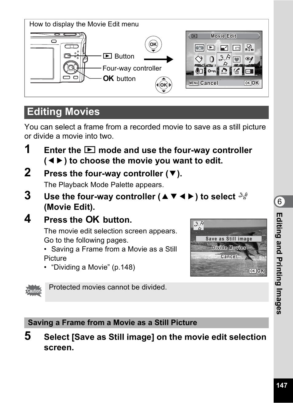 Editing movies, Ure. (p.147), P.147 | Press the four-way controller ( 3 ), Press the 4 button | Pentax Optio M50 User Manual | Page 149 / 212