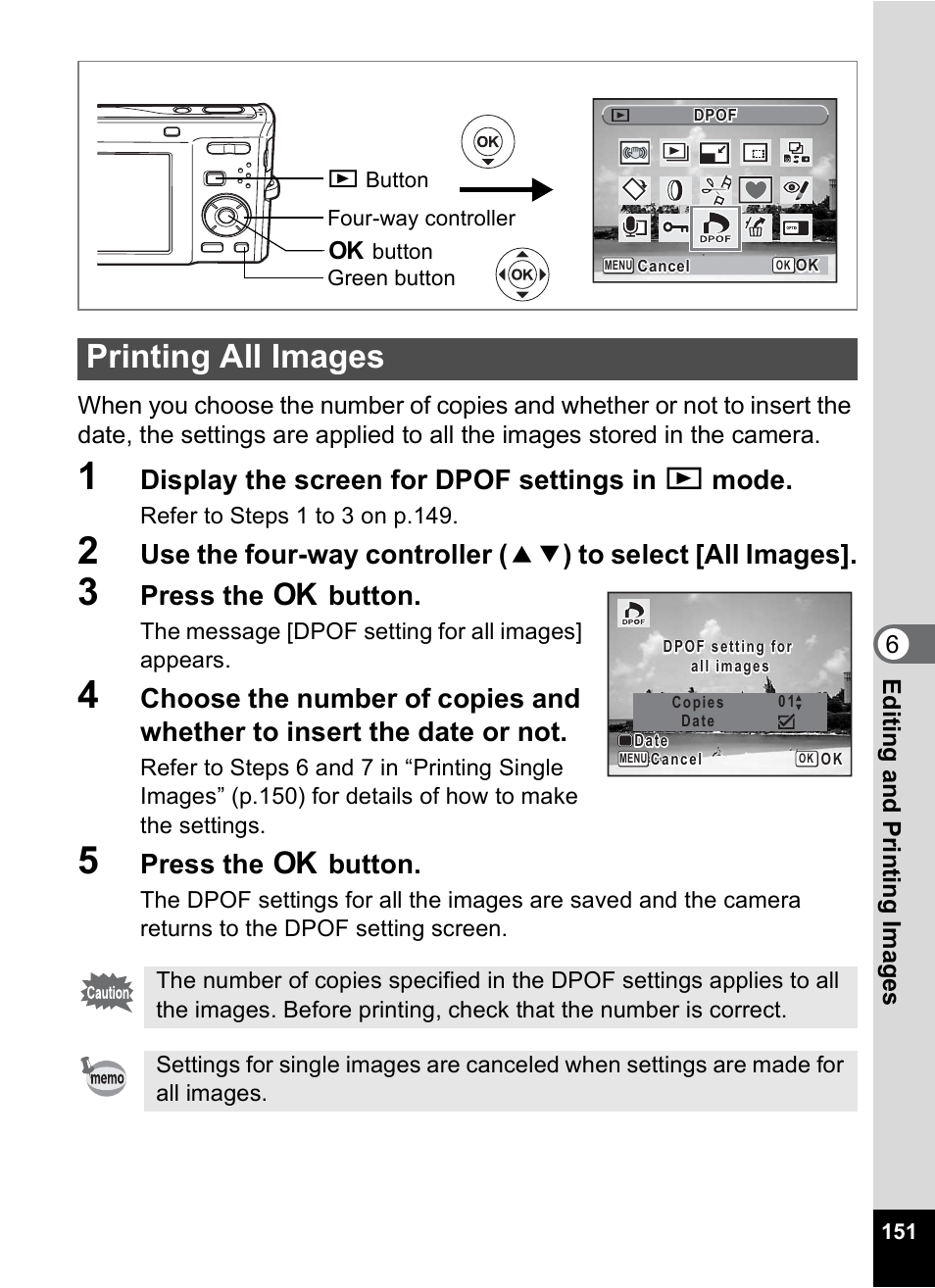 Printing all images, Display the screen for dpof settings in q mode, Press the 4 button | Pentax Optio M50 User Manual | Page 153 / 212