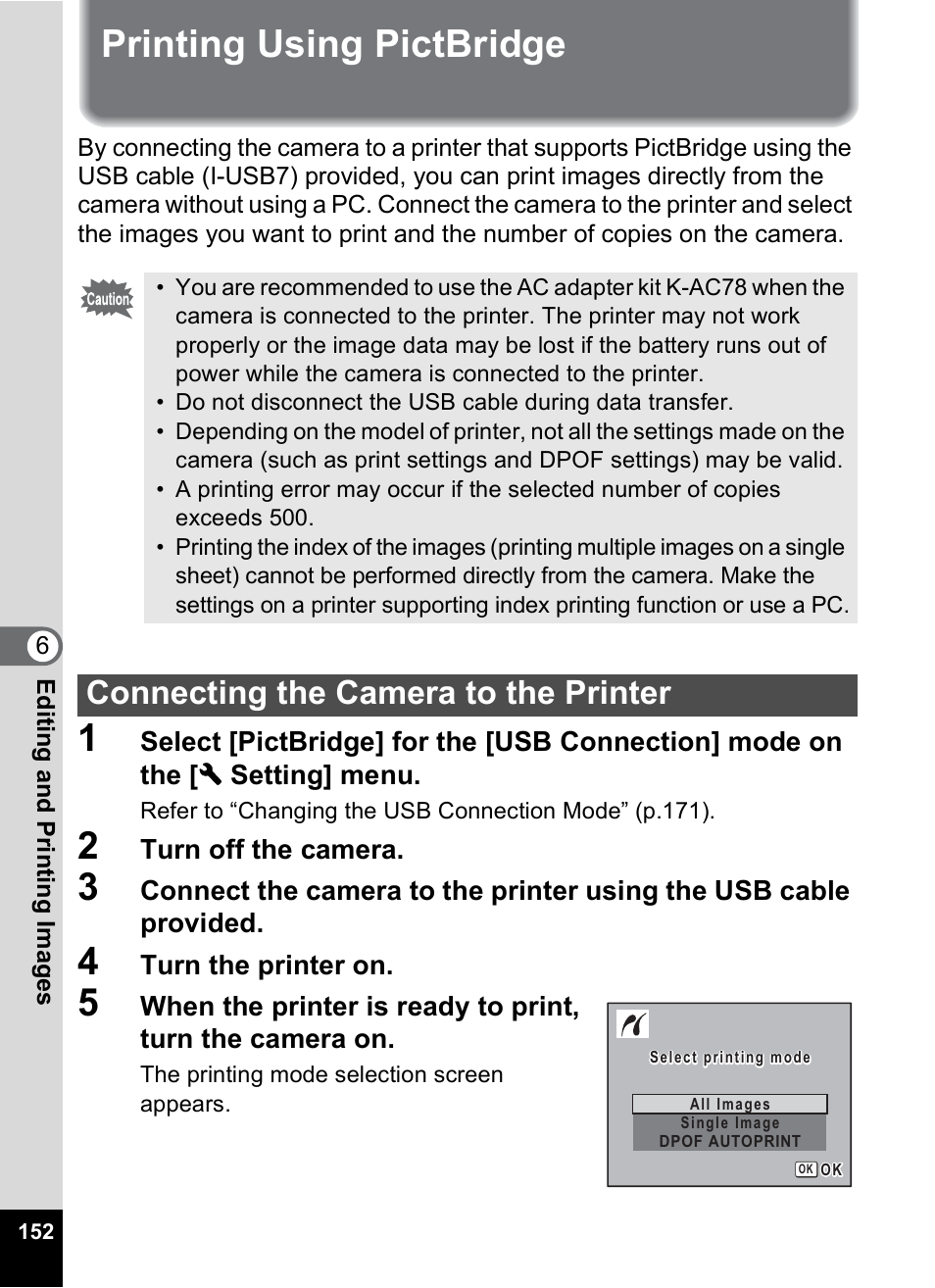 Printing using pictbridge, Connecting the camera to the printer | Pentax Optio M50 User Manual | Page 154 / 212