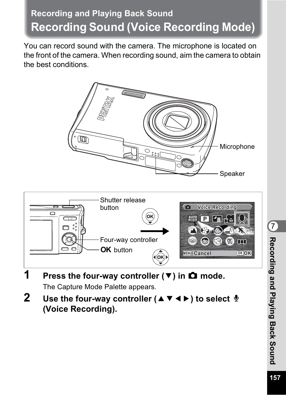 Recording and playing back sound, Recording sound (voice recording mode), P.157 | Press the four-way controller ( 3 ) in a mode | Pentax Optio M50 User Manual | Page 159 / 212