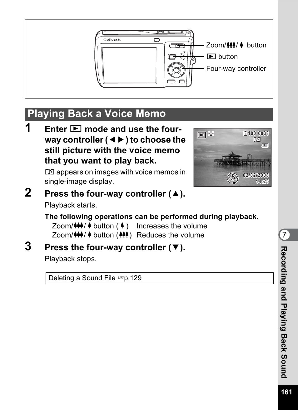 Playing back a voice memo, P.161), Press the four-way controller ( 2 ) | Press the four-way controller ( 3 ) | Pentax Optio M50 User Manual | Page 163 / 212