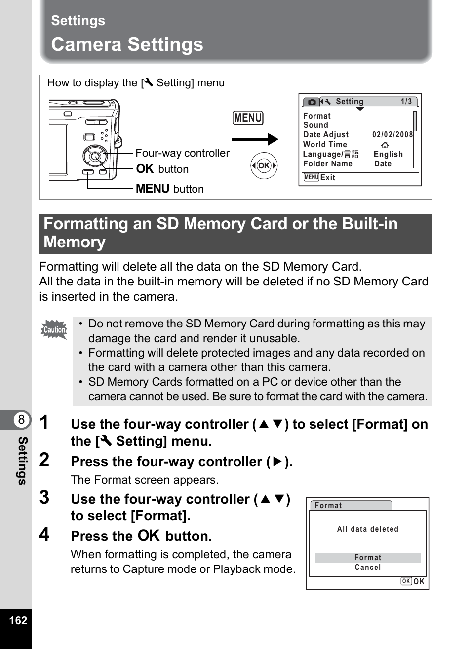 Settings, Camera settings, P.162 | Press the four-way controller ( 5 ), Press the 4 button | Pentax Optio M50 User Manual | Page 164 / 212