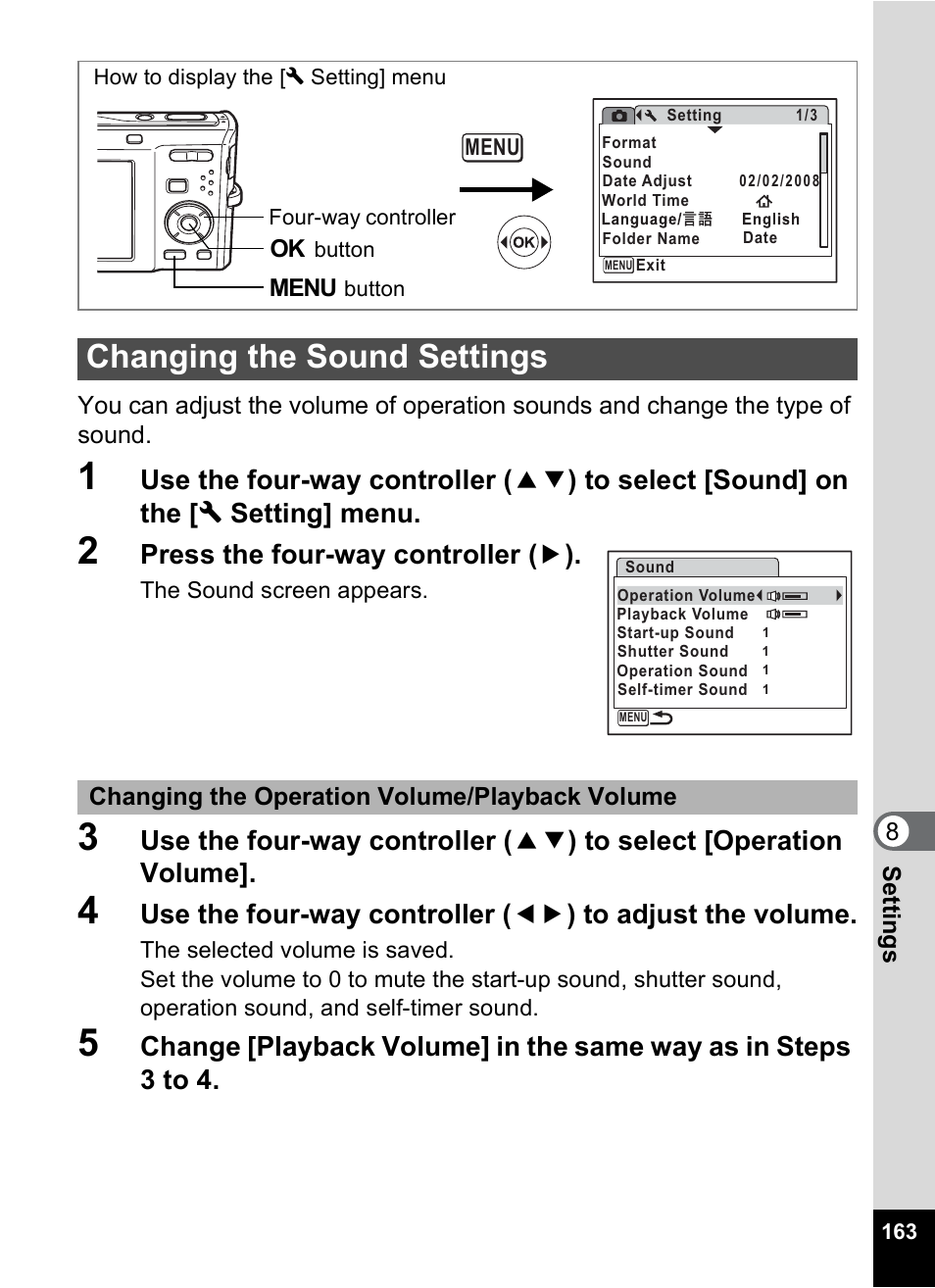 Changing the sound settings, P.163, Press the four-way controller ( 5 ) | Pentax Optio M50 User Manual | Page 165 / 212