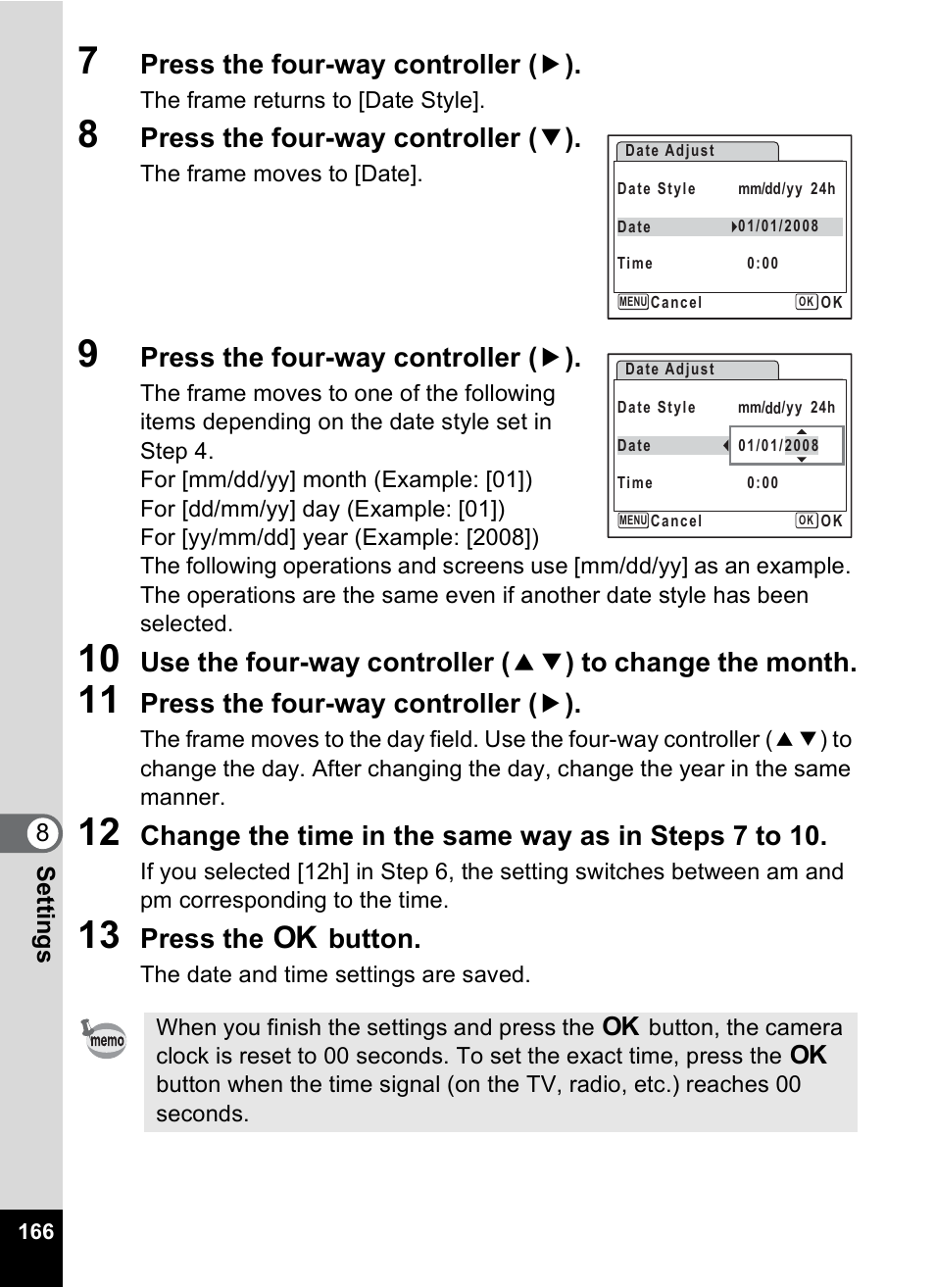 Press the four-way controller ( 5 ), Press the four-way controller ( 3 ), Press the 4 button | Pentax Optio M50 User Manual | Page 168 / 212