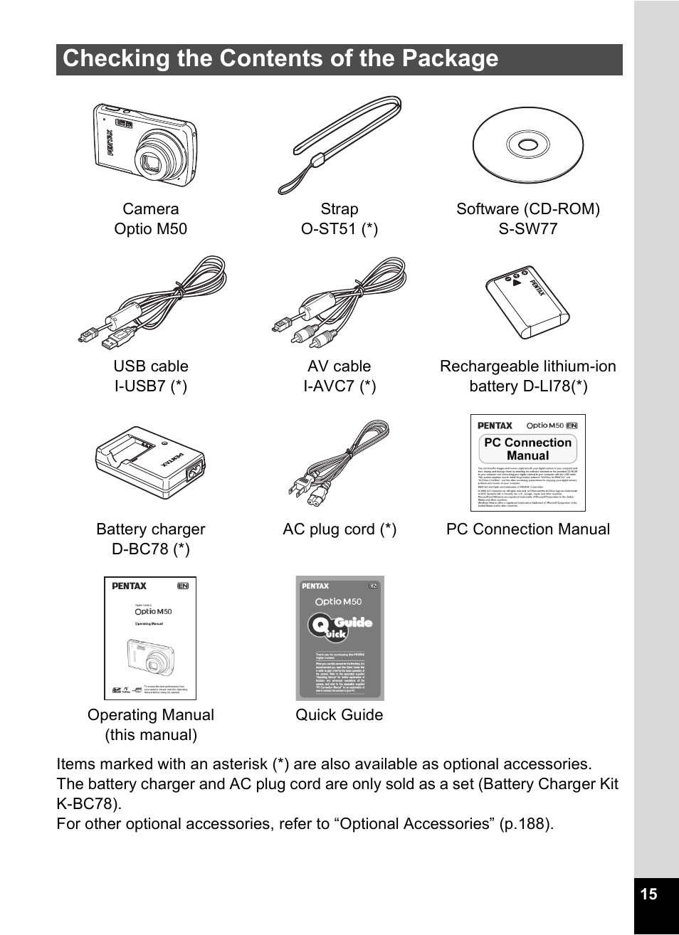 Checking the contents of the package | Pentax Optio M50 User Manual | Page 17 / 212