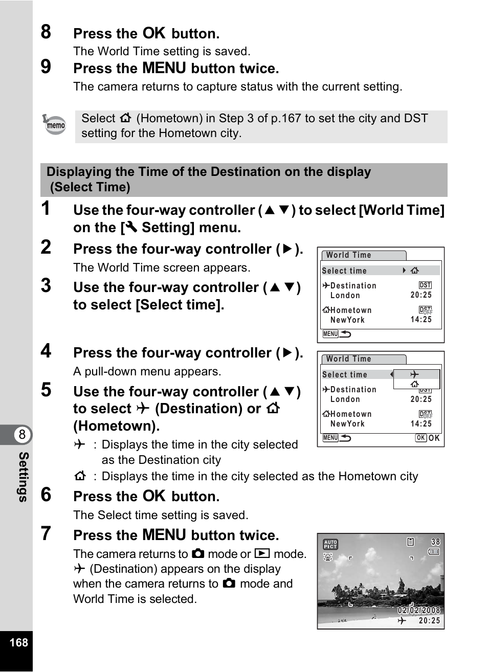 Press the 4 button, Press the 3 button twice, Press the four-way controller ( 5 ) | 8settin g s | Pentax Optio M50 User Manual | Page 170 / 212