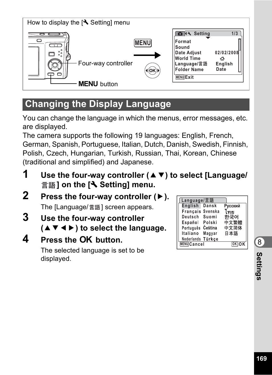 Changing the display language, Changing the display, Language” (1p.169) | P.169, Press the four-way controller ( 5 ), Press the 4 button | Pentax Optio M50 User Manual | Page 171 / 212