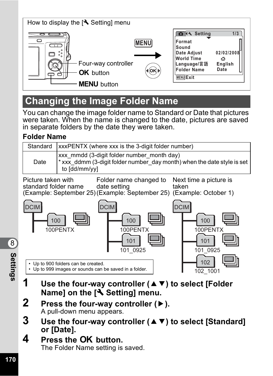 Changing the image folder name, P.170), P.170 | Press the four-way controller ( 5 ), Press the 4 button | Pentax Optio M50 User Manual | Page 172 / 212