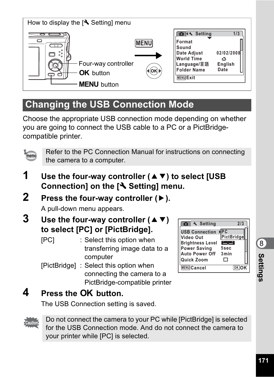 Changing the usb connection mode, P.171, Press the four-way controller ( 5 ) | Press the 4 button | Pentax Optio M50 User Manual | Page 173 / 212