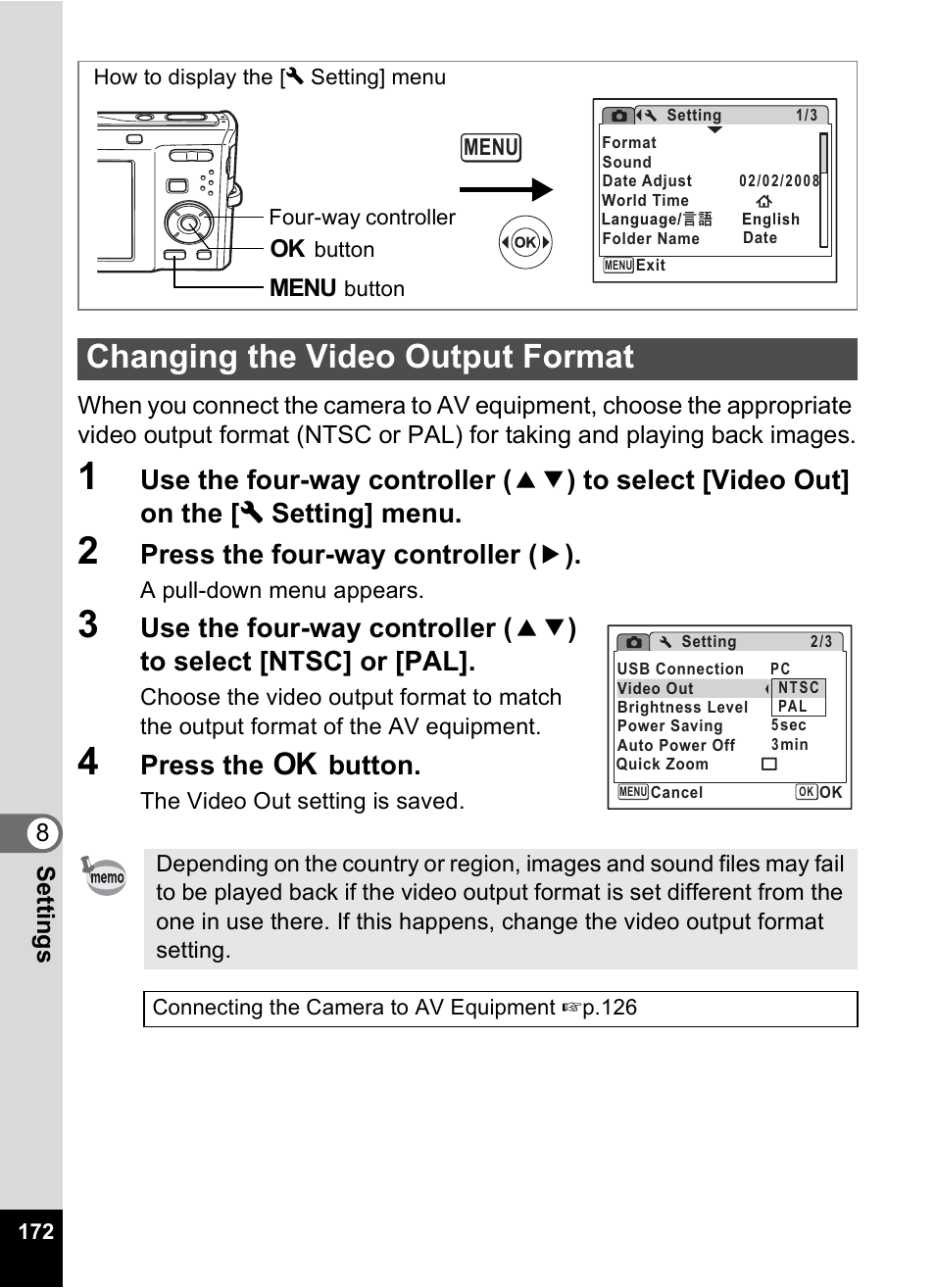 Changing the video output format, P.172), P.172 | Press the four-way controller ( 5 ), Press the 4 button | Pentax Optio M50 User Manual | Page 174 / 212