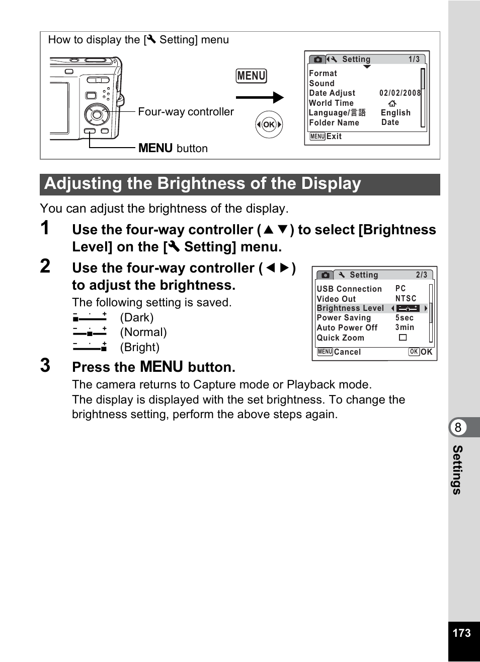 Adjusting the brightness of the display, P.173, Press the 3 button | Pentax Optio M50 User Manual | Page 175 / 212