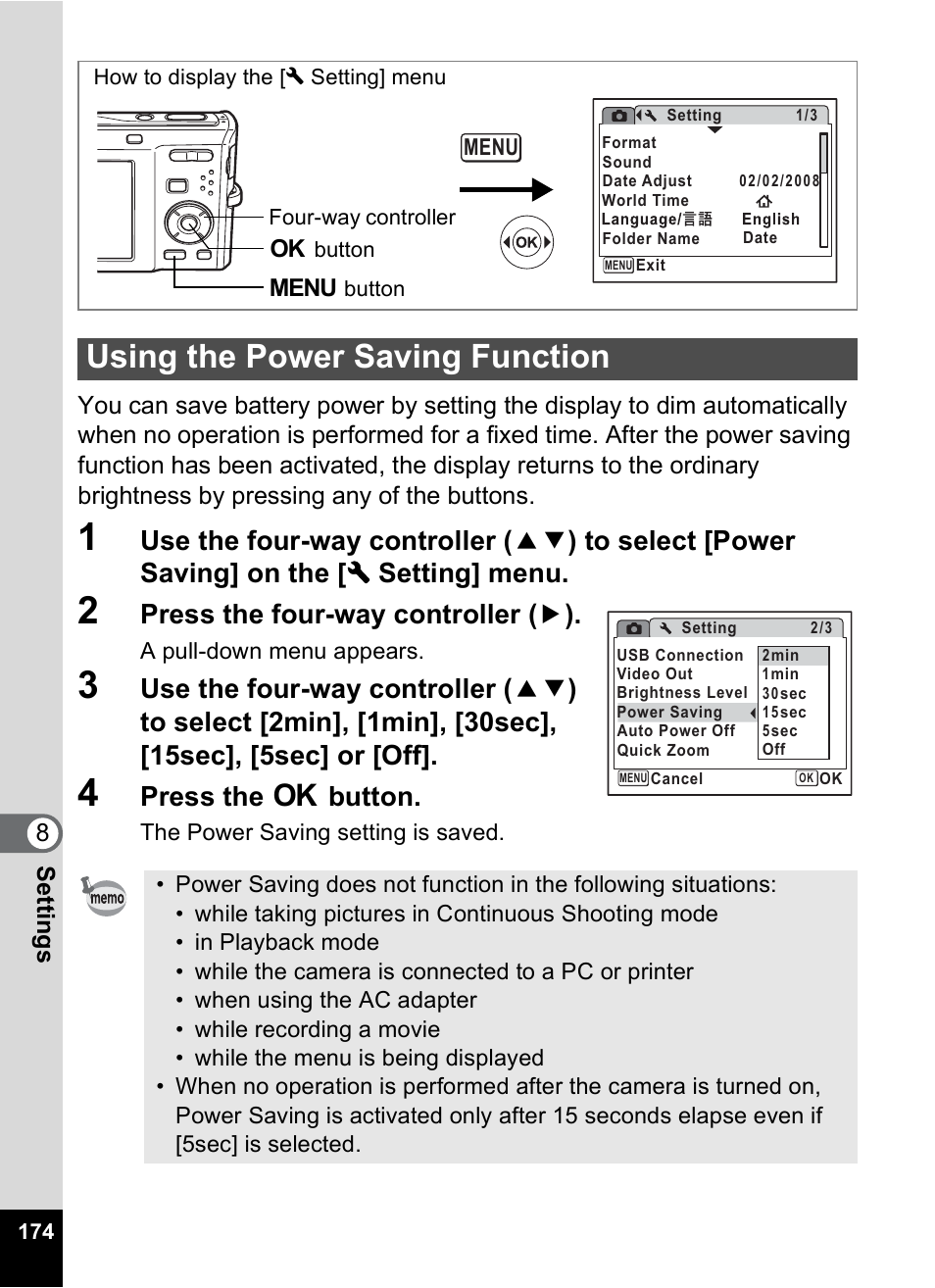 Using the power saving function, P.174, Press the four-way controller ( 5 ) | Press the 4 button | Pentax Optio M50 User Manual | Page 176 / 212